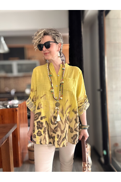 Pezzi VİP Leopar Desen İtalyan Gömlek Sarı