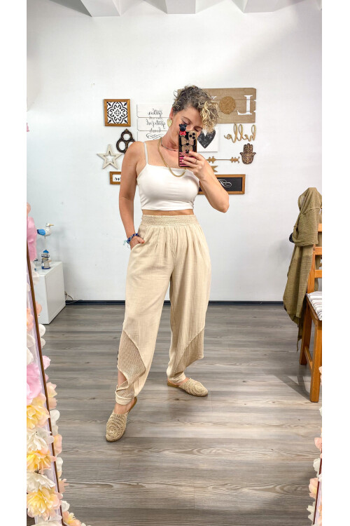 Piango Tasarım Paça File Detay Pantolon Bej