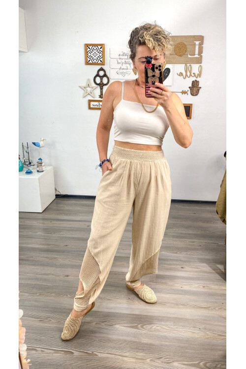 Piango Tasarım Paça File Detay Pantolon Bej