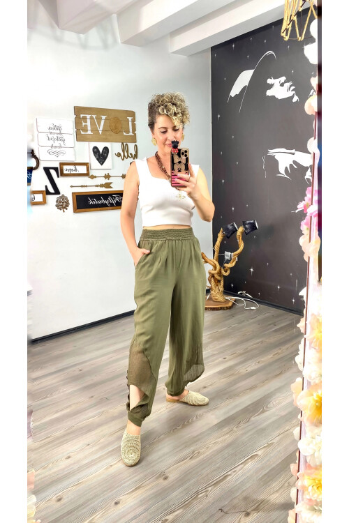 Piango Tasarım Paça File Detay Pantolon Haki