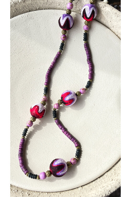 Pins Doğal Taş Detay Etnik Kolye Mor