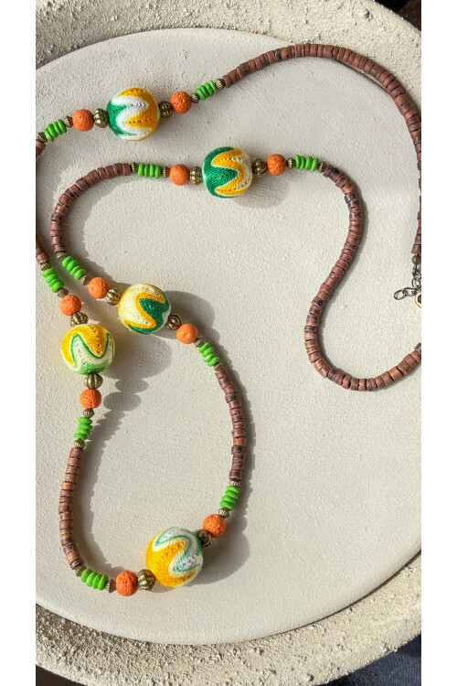 Pins Doğal Taş Detay Etnik Kolye Turuncu