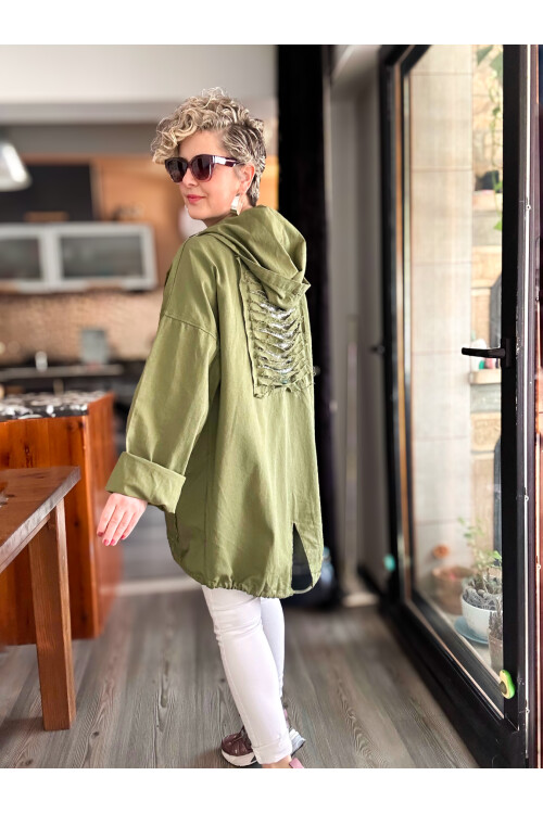 Pizza Tasarım Kapşonlu Sırt Pul Detay Ceket Haki