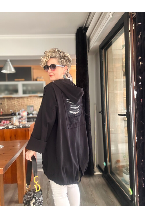 Pizza Tasarım Kapşonlu Sırt Pul Detay Ceket Siyah