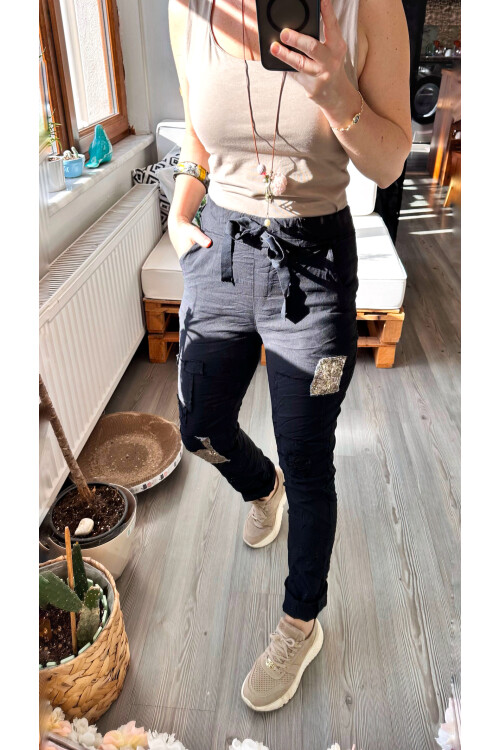 Portico İtalyan Pul Payet Detaylı Sihirli Pantolon Siyah