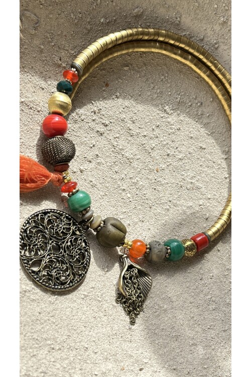 Pria Pirinç Cam Etnik Kolye Bronz