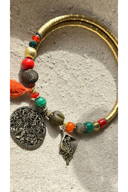 Pria Pirinç Cam Etnik Kolye Bronz