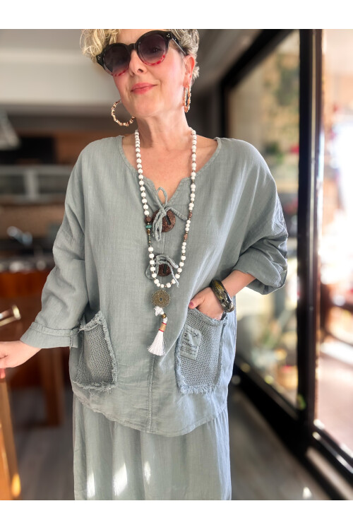 Pronto Vip Tasarım File Detay Etek Bluz Takım Gri