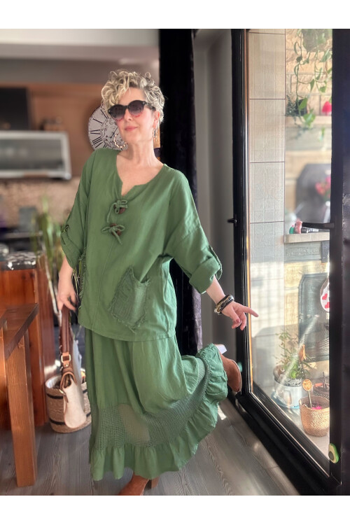 Pronto Vip Tasarım File Detay Etek Bluz Takım Haki Yeşil