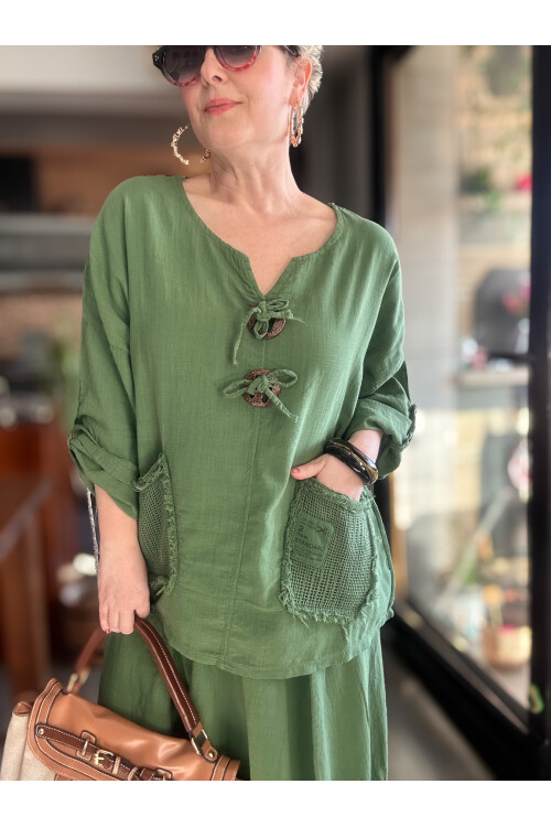 Pronto Vip Tasarım File Detay Etek Bluz Takım Haki Yeşil