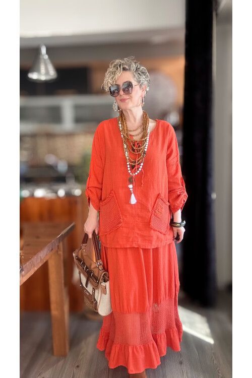 Pronto Vip Tasarım File Detay Etek Bluz Takım Kiremit