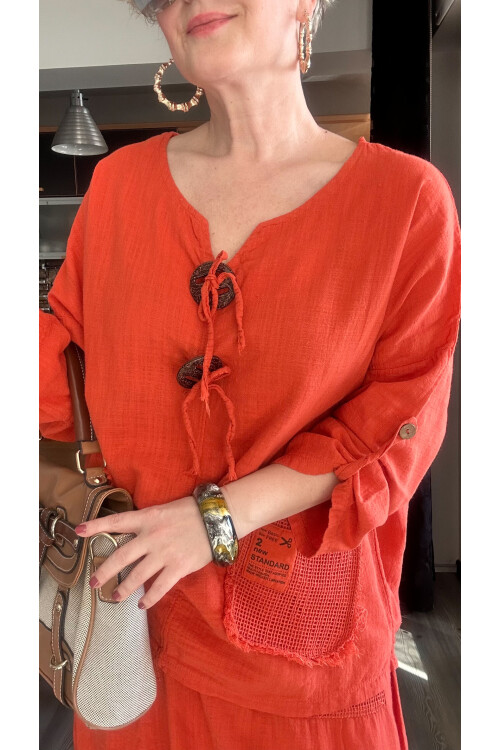 Pronto Vip Tasarım File Detay Etek Bluz Takım Kiremit