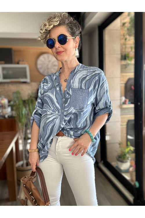 Racca Pul Detay İtalyan Batik Zambak Desen Gömlek Mavi