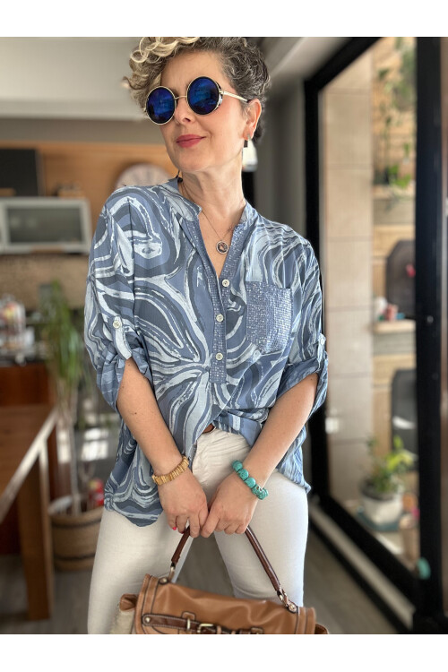 Racca Pul Detay İtalyan Batik Zambak Desen Gömlek Mavi