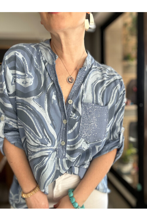 Racca Pul Detay İtalyan Batik Zambak Desen Gömlek Mavi