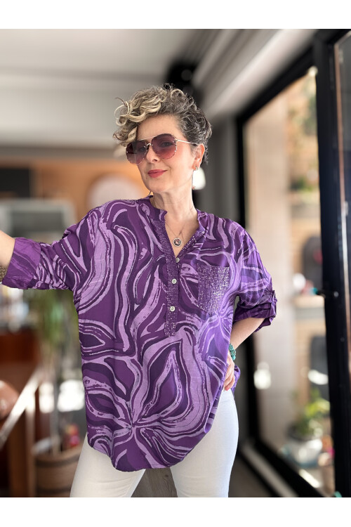 Racca Pul Detay İtalyan Batik Zambak Desen Gömlek Mor