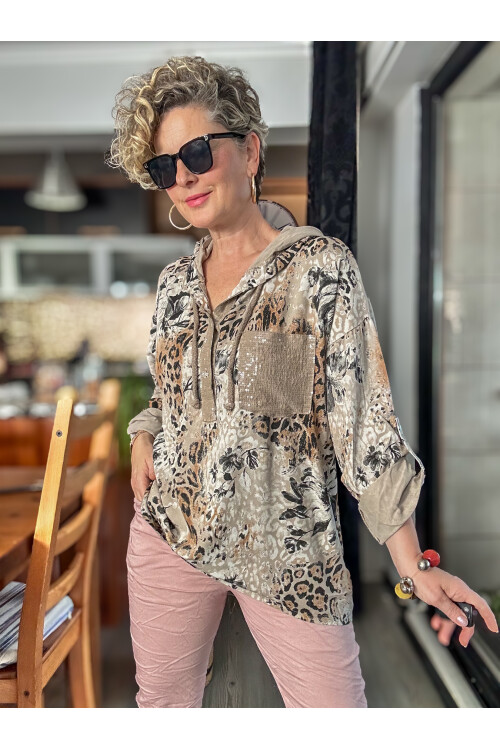 Rafa İtalyan Pul Detay Kapşonlu Gömlek Bluz Beige