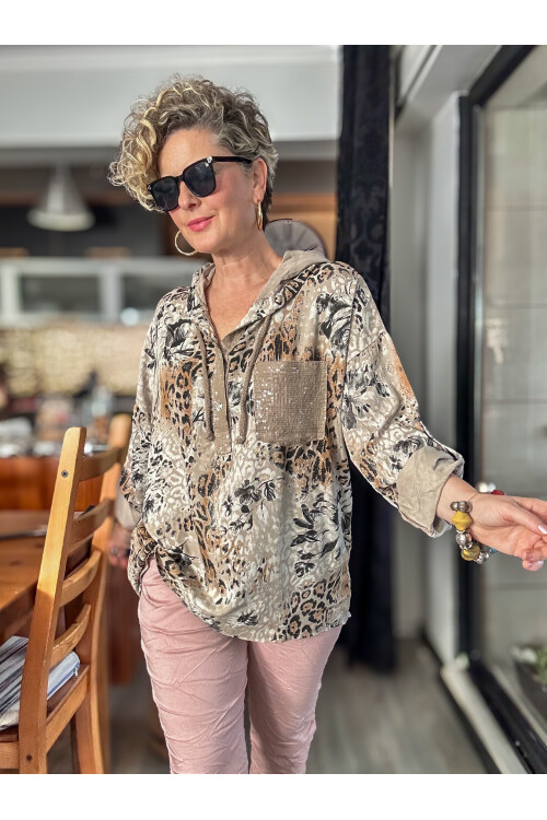 Rafa İtalyan Pul Detay Kapşonlu Gömlek Bluz Beige