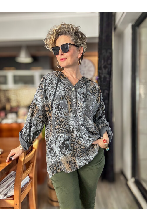 Rafa İtalyan Pul Detay Kapşonlu Gömlek Bluz Dark Grey