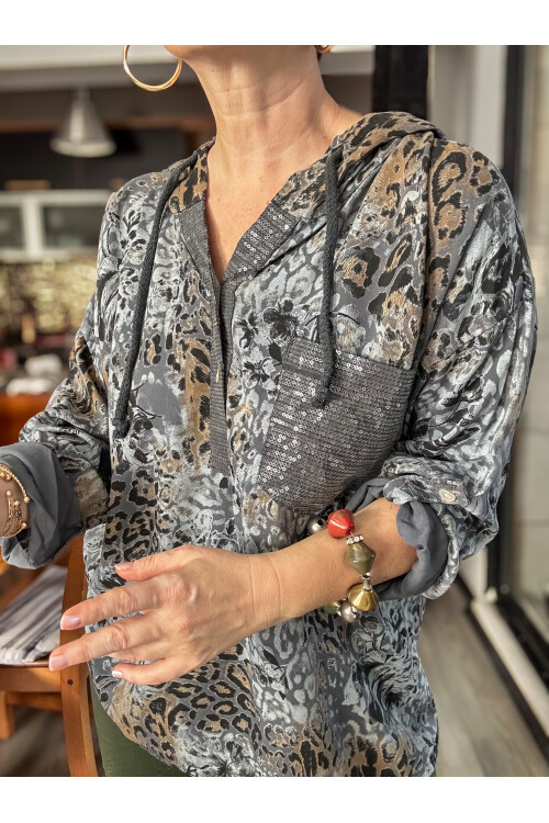 Rafa İtalyan Pul Detay Kapşonlu Gömlek Bluz Dark Grey