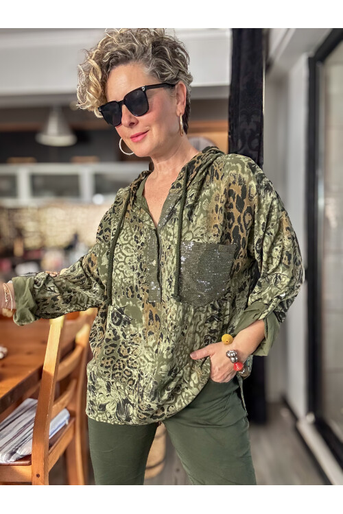 Rafa İtalyan Pul Detay Kapşonlu Gömlek Bluz Haki