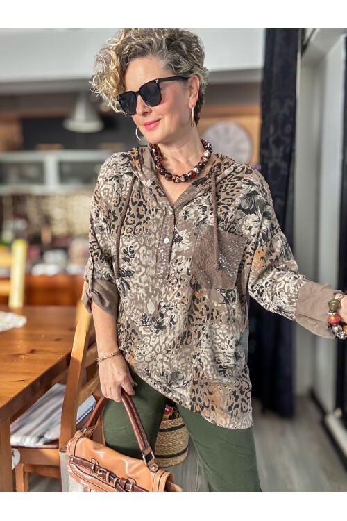 Rafa İtalyan Pul Detay Kapşonlu Gömlek Bluz Vizon