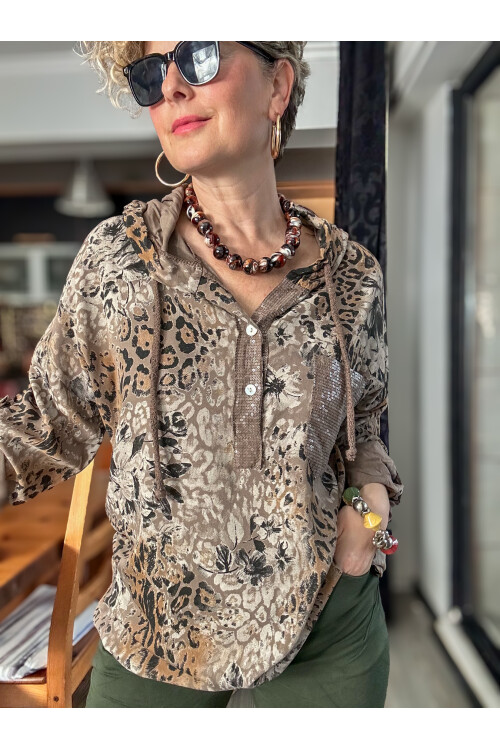 Rafa İtalyan Pul Detay Kapşonlu Gömlek Bluz Vizon