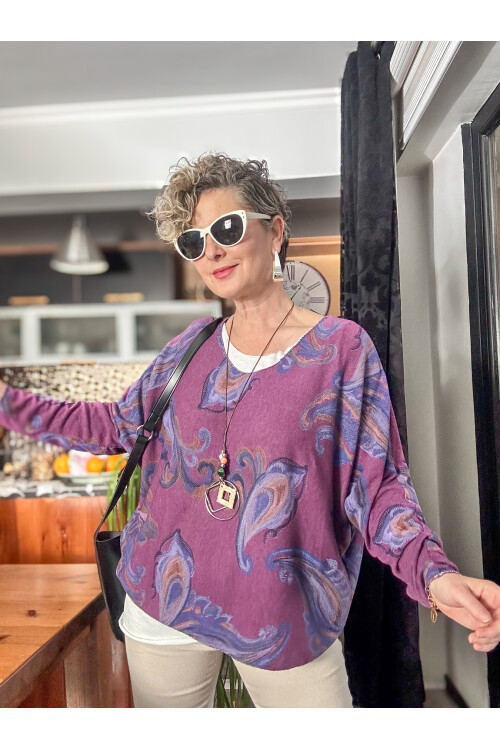 Raffa Yaprak Desen Kolyeli İtalyan Bluz Mor
