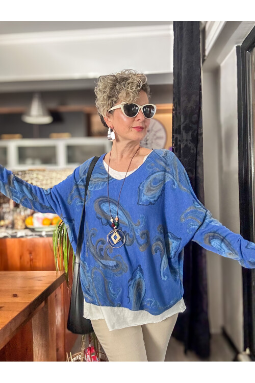 Raffa Yaprak Desen Kolyeli İtalyan Bluz Saks Mavi