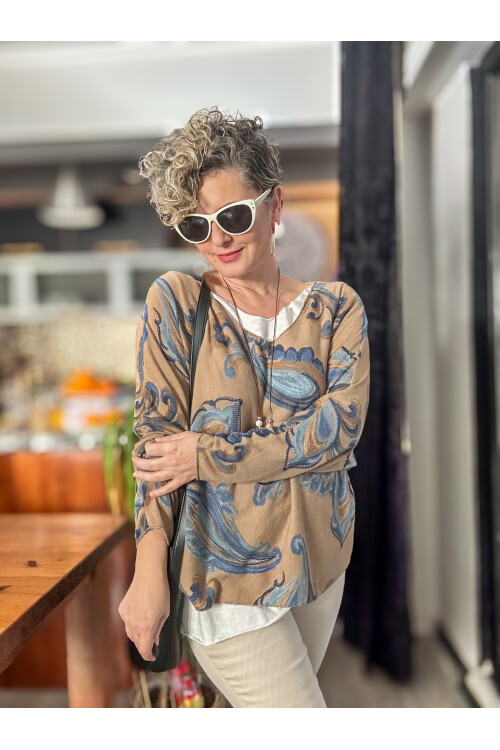 Raffa Yaprak Desen Kolyeli İtalyan Bluz Cappuccino