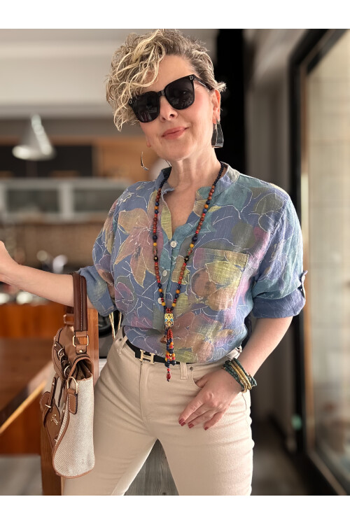 Ragazza Yaprak Desen İtalyan Gömlek Açık Mavi
