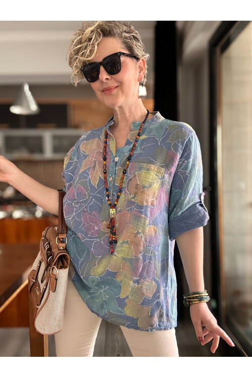 Ragazza Yaprak Desen İtalyan Gömlek Açık Mavi