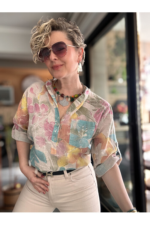 Ragazza Yaprak Desen İtalyan Gömlek Bej