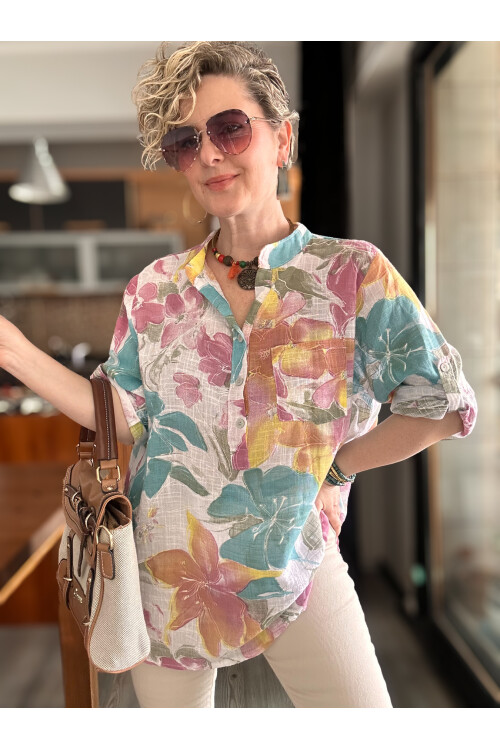 Ragazza Yaprak Desen İtalyan Gömlek Beyaz