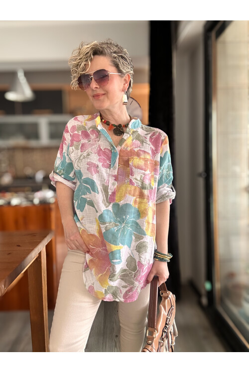 Ragazza Yaprak Desen İtalyan Gömlek Beyaz