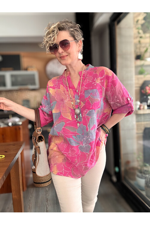 Ragazza Yaprak Desen İtalyan Gömlek Fuşya