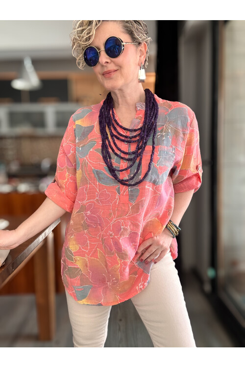 Ragazza Yaprak Desen İtalyan Gömlek Mercan