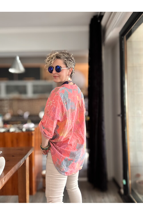 Ragazza Yaprak Desen İtalyan Gömlek Mercan