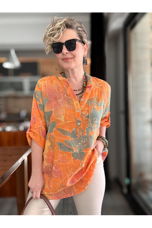 Ragazza Yaprak Desen İtalyan Gömlek Turuncu