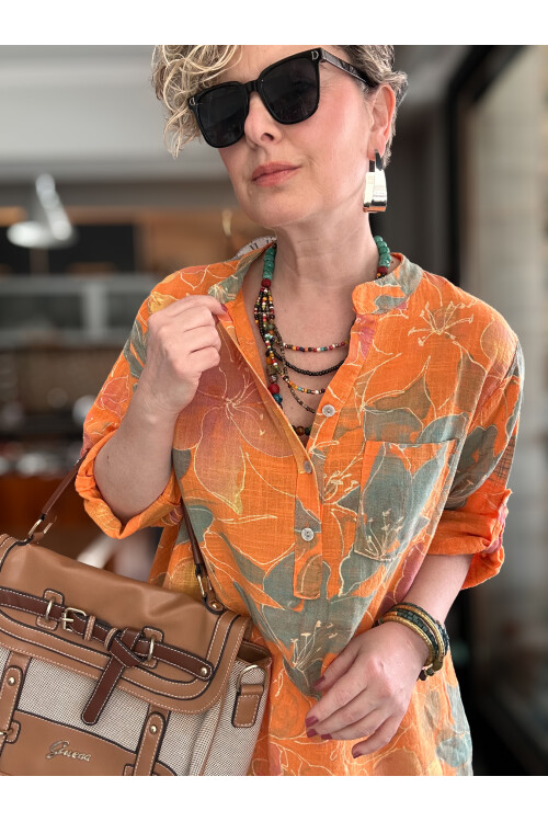Ragazza Yaprak Desen İtalyan Gömlek Turuncu