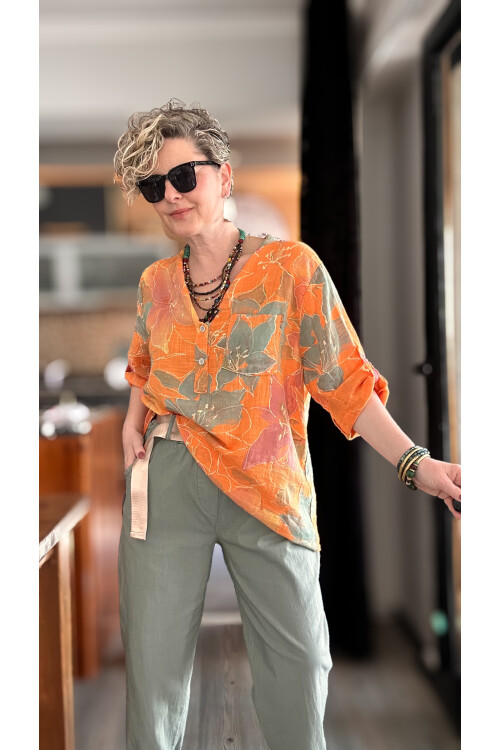 Ragazza Yaprak Desen İtalyan Gömlek Turuncu