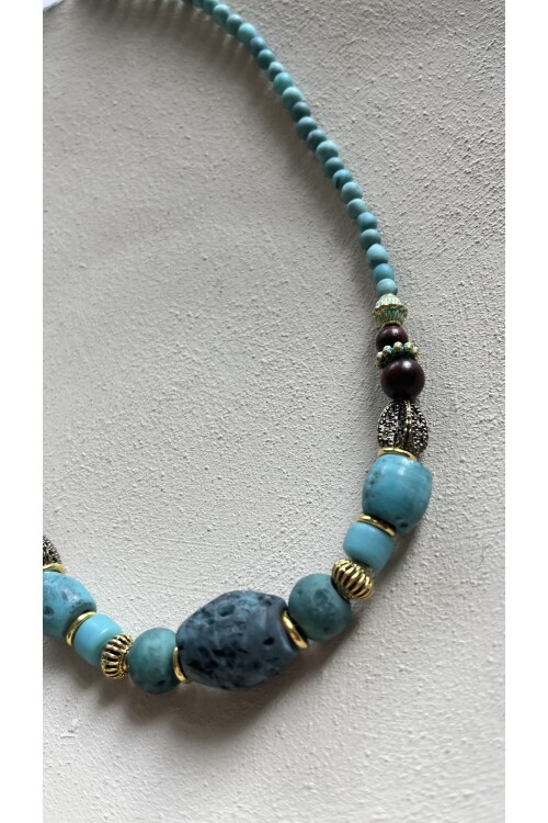 Ragis Pirinç Cam Etnik Kolye Turkuaz