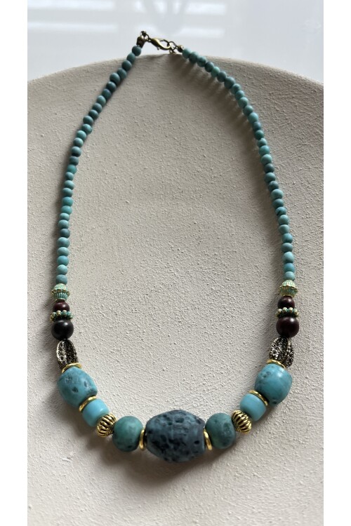 Ragis Pirinç Cam Etnik Kolye Turkuaz