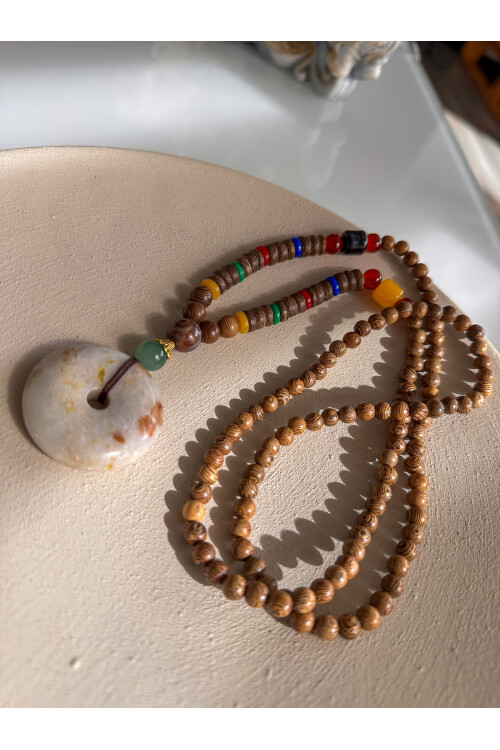 Raja Doğal Taş Etnik Cam Bambu Kolye Ekru