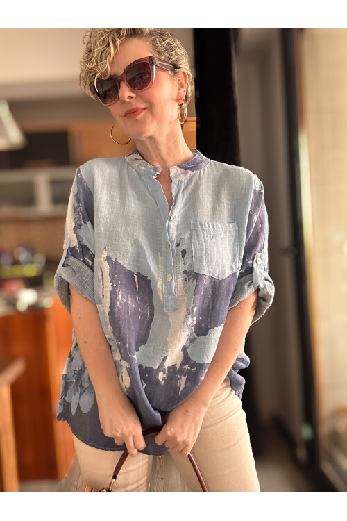 Randa Yaprak Desen İtalyan Gömlek Mavi