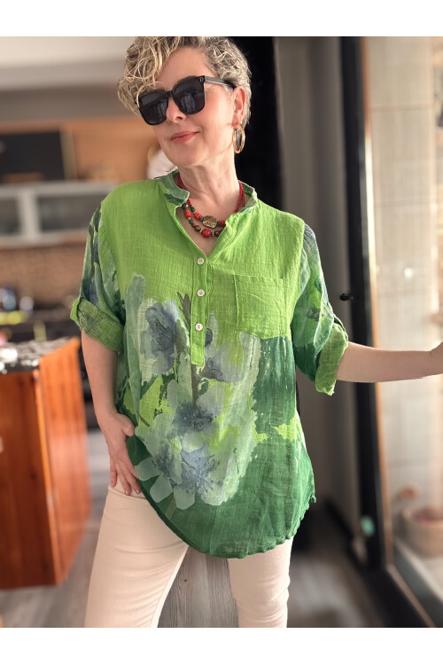 Randa Yaprak Desen İtalyan Gömlek Yeşil