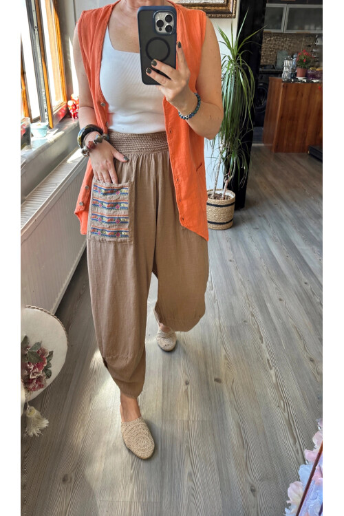 Ranna Cep Nakış Detay V Paça Pantolon Kahve