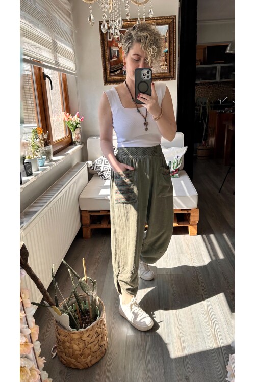 Ranna Cep Nakış Detay V Paça Pantolon Haki