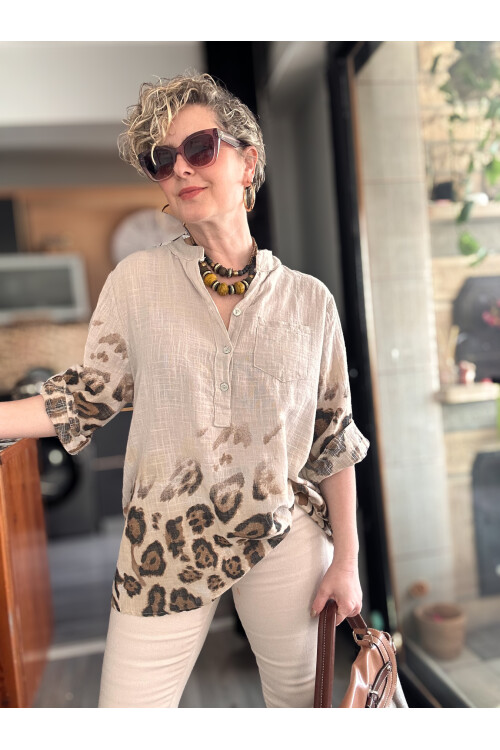 Rassi Leopar Desen İtalyan Gömlek Bej