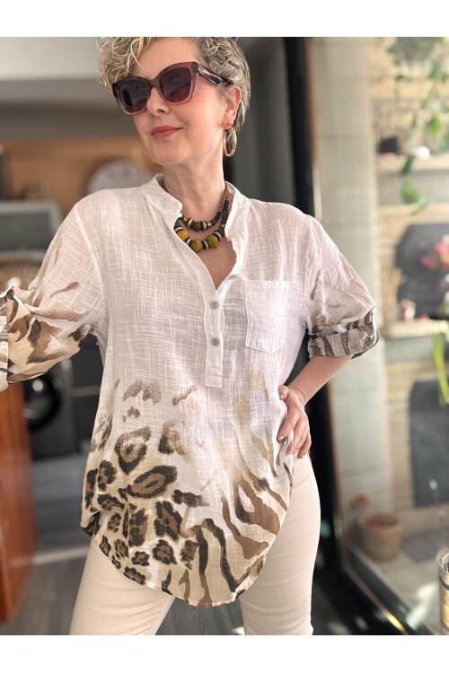 Rassi Leopar Desen İtalyan Gömlek Beyaz